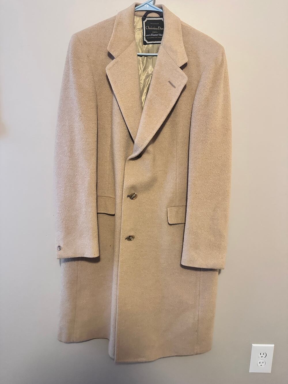 Vintage 1970s Christian Dior Men's Camel Hair Long Peacoat w/ CD Lining